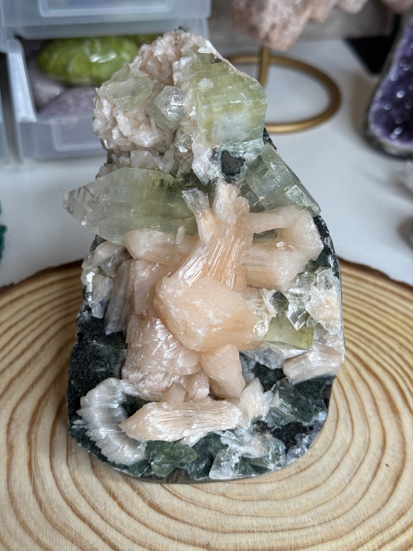 Green Apophyllite on Black Green Galaxy Chalcedony with Peach Stilbite