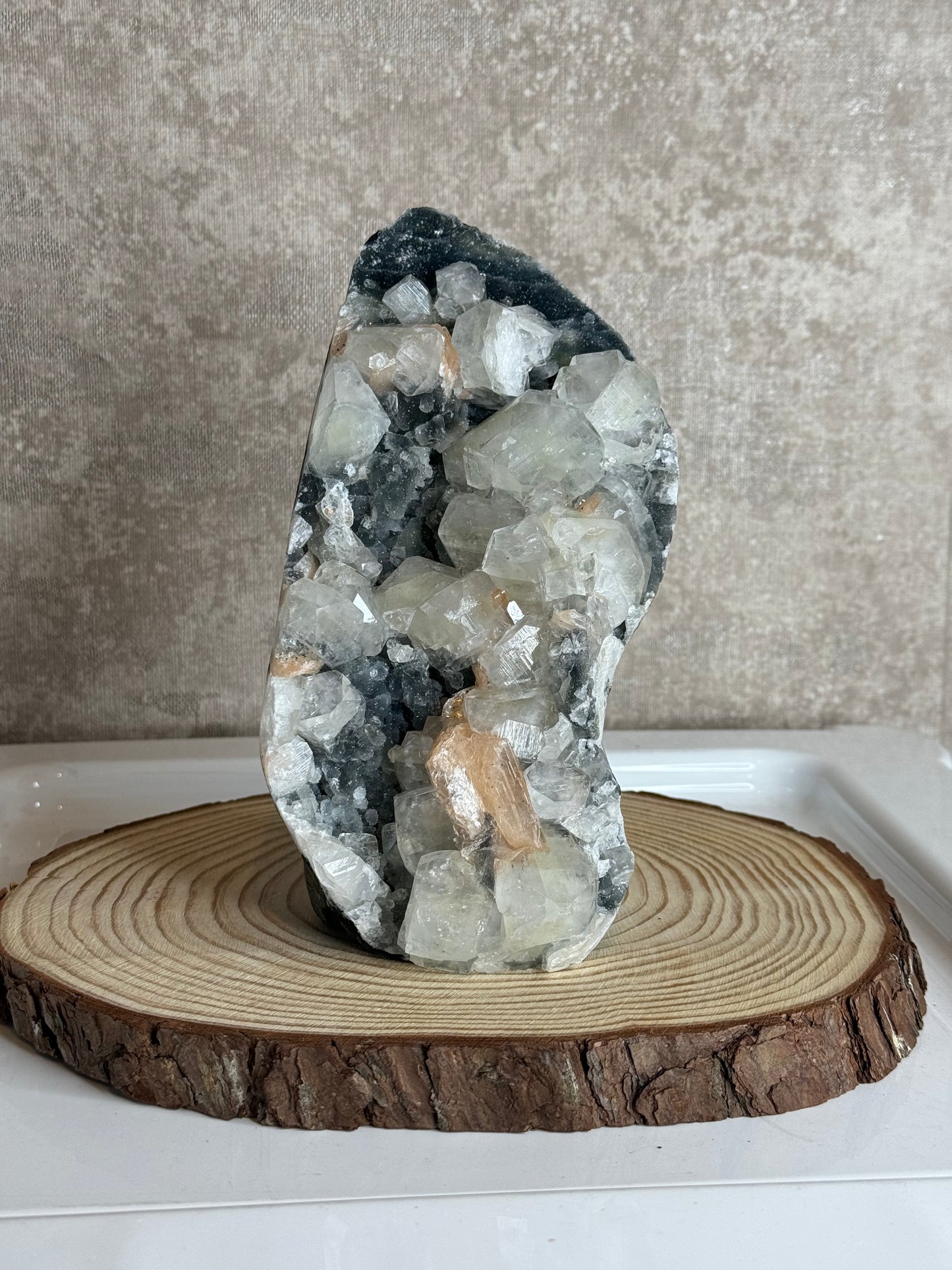 Glassy Diamond Green& Clear Apophyllite cubes with juicy peach stilbite On Black Chalcedony