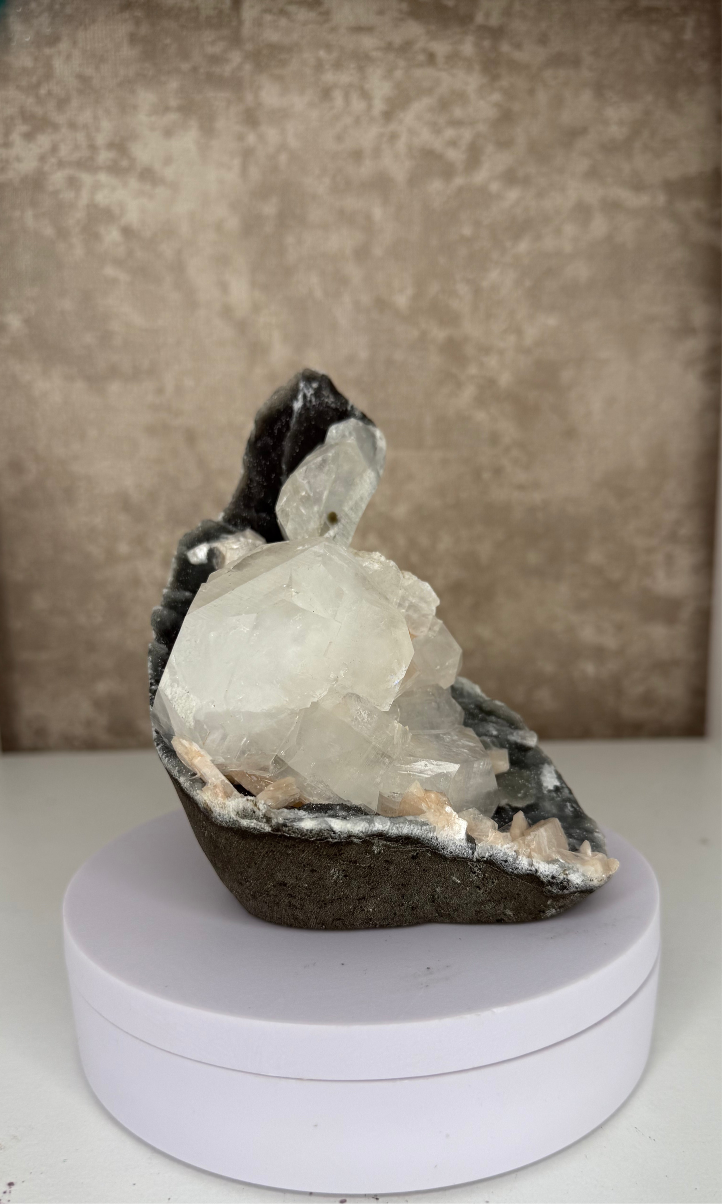 Black Chalcedony with Apophyllite and Peach Stilbite display piece