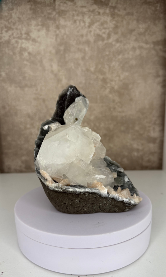 Black Chalcedony with Apophyllite and Peach Stilbite display piece