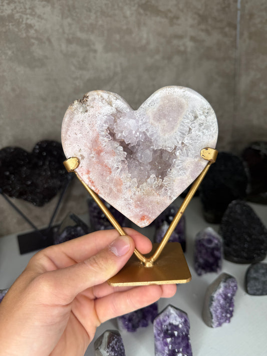 Pink amethyst heart on custom stand
