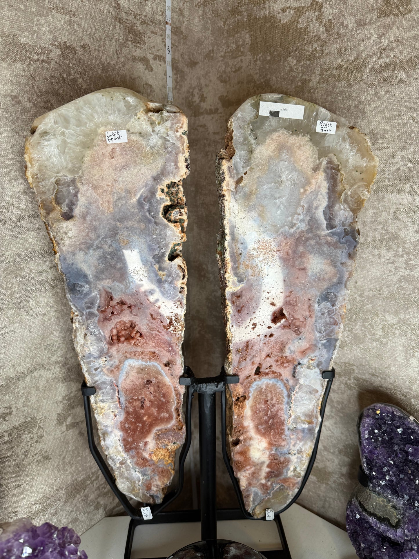 Pink amethyst statement wings on stand